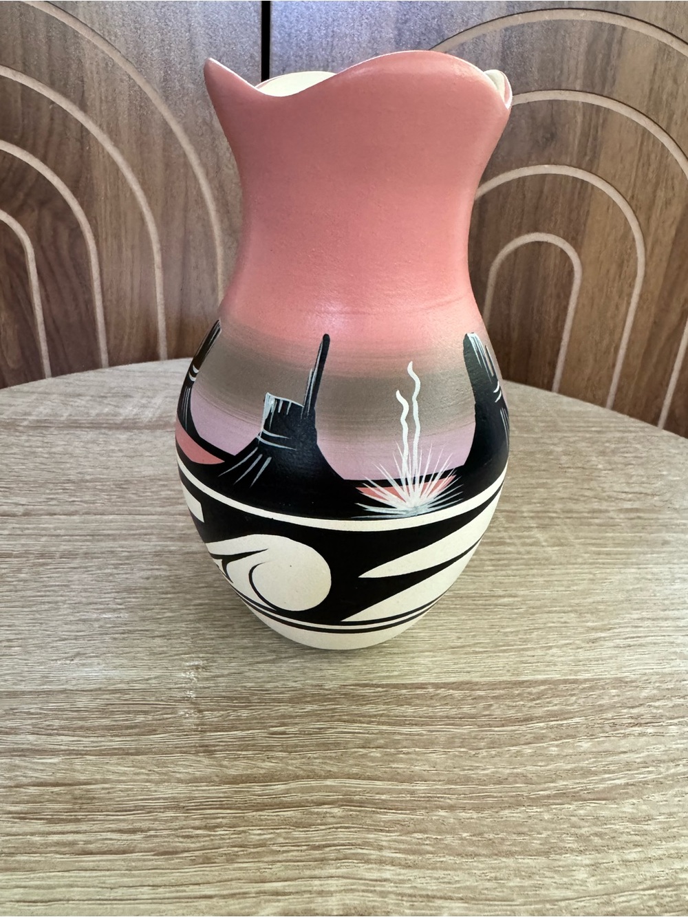 Navajo Dine SIGNED Handcrafted Pink and Black Southwestern Ceramic Vase